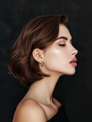 Naklejka premium Stunning Female Portrait with Gold Earring and Bob Haircut on Dark Brown Background. Model's Attractive Face with Ideal Nose and Plump Lips Makeup in Profile. Seductive Woman Glamor Shot.