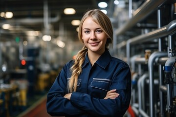 Fototapeta premium Portrait of a young female engineer in a blue jumpsuit standing in a factory with arms crossed