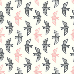 Fun birds inspirational words hand lettering seamless pattern. Decorative folk bird seamless texture