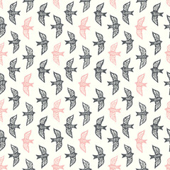 Fun birds inspirational words hand lettering seamless pattern. Decorative folk bird seamless texture