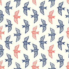 Fun birds inspirational words hand lettering seamless pattern. Decorative folk bird seamless texture