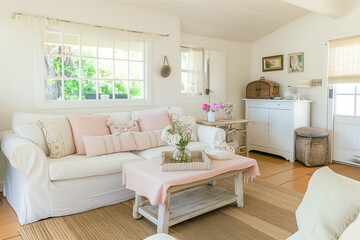 A bright and welcoming country-style living room features a soft pink and white color scheme, natural light, and charming rustic furnishings.