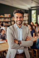 Confident male teacher standing in classroom with students in background