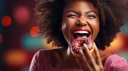 Sweet indulgence: A black woman enjoys a chocolate donut with sprinkles, smiling in pure culinary delight.