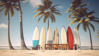 surfboards and palm tree on a beach  - obrazy, fototapety, plakaty