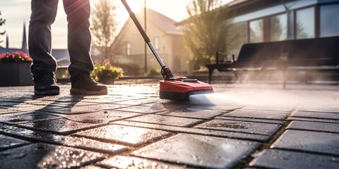 Detailed cleaning of terrace using high-powered water blaster to remove grime from paving stones. - obrazy, fototapety, plakaty