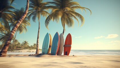 surfboards and palm tree on a beach 