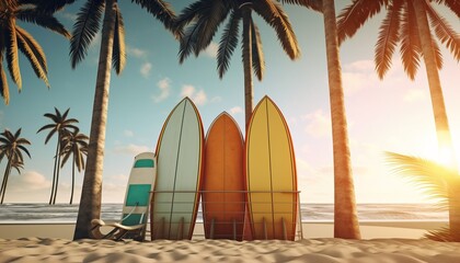 surfboards and palm tree on a beach  - obrazy, fototapety, plakaty
