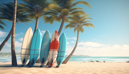 surfboards and palm tree on a beach 