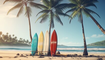 surfboards and palm tree on a beach 