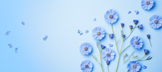 Delicate blue cornflowers arranged on a soft blue backdrop, creating a serene floral scene.