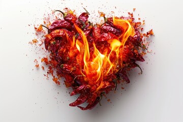 Burning hot chili peppers in the shape of a heart on a white background, Valentine's Day.