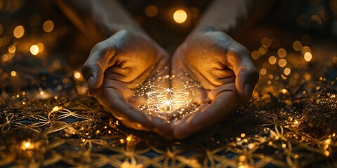 Golden Flower of Life backdrop with male hands and starlight symbolizes spiritual healing. - obrazy, fototapety, plakaty
