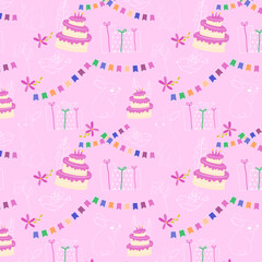 Seamless pattern with birthday cakes and gifts on pink background. Vector illustration, hand drawn