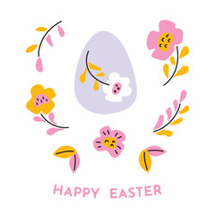 Happy Easter illustration with easter egg, doodle flowers and typography