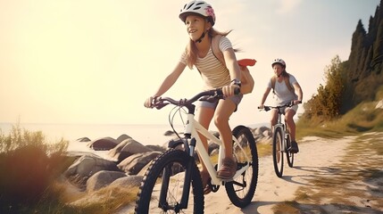 Family bike ride by the seashore. active summer leisure. parent and child cycling together. AI - obrazy, fototapety, plakaty