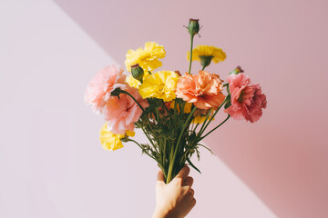 Female hand holds beautiful carnations flowers bouquet