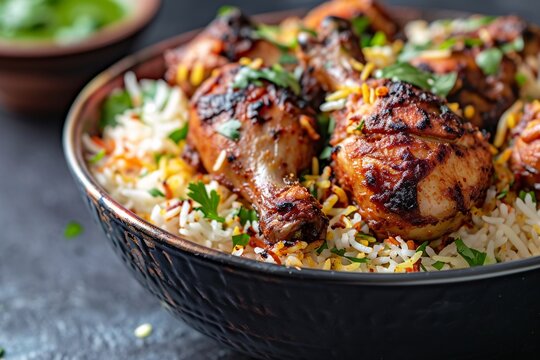 Spicy Indian chicken biryani captured in a food photo against a dark backdrop.