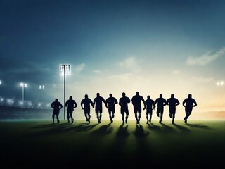 Silhouettes of rugby fans on a rugby field, creating an energetic and dynamic atmosphere with passionate supporters cheering for their team