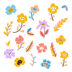 Folk simple flowers and leaf on spring set. Doodle floral element for spring, Easter, childish card