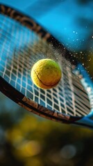 Tennis racket and ball with water drops on the tennis court.