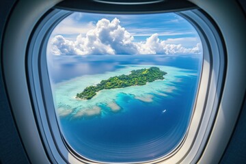 View from the airplane window on a tropical island in the Maldives