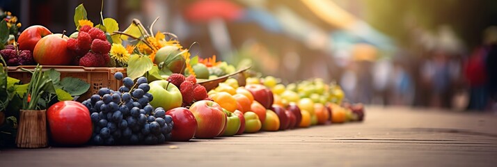 Vibrant farmers  market  softly blurred bokeh background with fresh fruits and colorful beverages