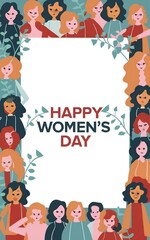 Illustration art for March 8 Women's Day celebration, featuring diverse women symbolizing empowerment, equality, and feminine strength in a vibrant design