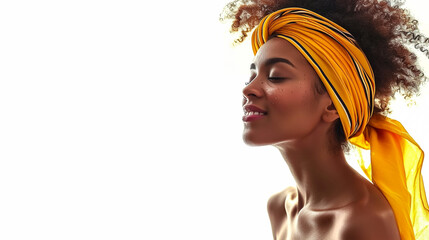 Portrait of cheerful african mature woman with headscarf against grey wall. Middle aged black woman laughing, copy space. Happy smiling black lady wearing traditional african scarf and looking at came - obrazy, fototapety, plakaty
