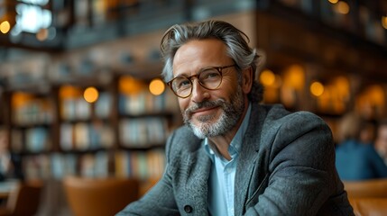 Fototapeta premium Confident middle-aged businessman smiling in a cafe setting. professional and casual. AI