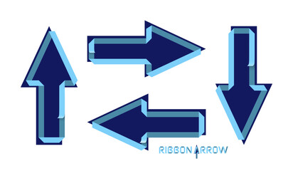 Set of dark blue arrow signs with light blue ribbon elements isolated on white.