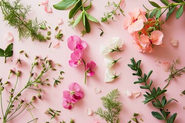 An assortment of delicate pink and white flowers and greenery arranged on a pastel pink background.