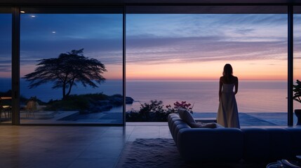 Lady in contemporary home with view of sea.