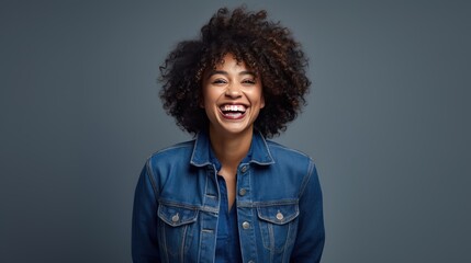 Obraz na płótnie Canvas Urban joy in denim: An African female in a trendy jean jacket, radiating happiness against a white copy space