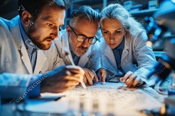 Collaborative scientists analyzing data in an innovative atmosphere of discovery and exploration