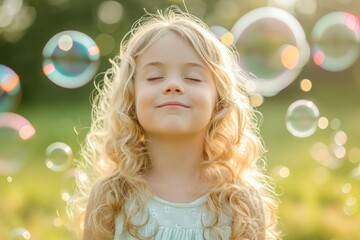 Portrait of a cute little girl playing with soap bubbles outdoors.