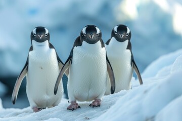 Gentoo penguins on the snow in Antarctica