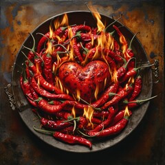 red hot chili peppers in a bowl, burning heart with fire. Valentine's Day.