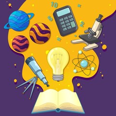 Ilustración de libro abierto con varios objetos de ciencia, astronomia, quimica y matematicas saliendo de el, representación de la educación y el estudio © Santy Valdes