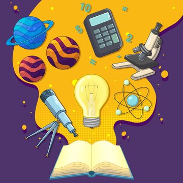 Ilustraci&oacute;n de libro abierto con varios objetos de ciencia, astronomia, quimica y matematicas saliendo de el, representaci&oacute;n de la educaci&oacute;n y el estudio