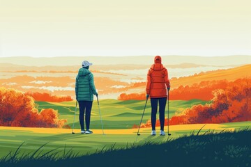 Nordic walking in the mountains. Vector illustration in retro style.