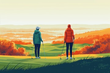 Nordic walking in the mountains. Vector illustration in retro style.
