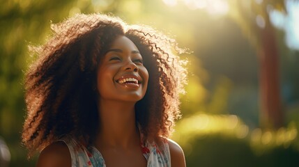 Sunny delight: A lovely scene of a black woman beaming with joy in a park