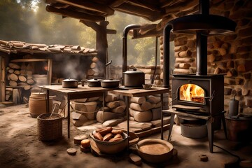 Obraz na płótnie Canvas the rustic charm of an outdoor wood stove used for baking bread and cooking meat. Perfectly lit with natural lighting, the high-definition camera captures this scene with remarkable realism and detail