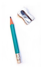 short teal pencil with attached eraser and a metal sharpener