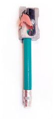 short teal pencil with attached eraser and a metal sharpener with pencil shavings