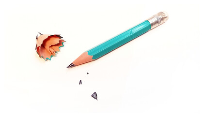 short teal pencil with attached eraser, shavings and graphite chippings