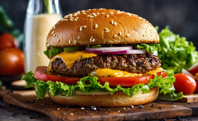  Appetizing double patty hamburger with lots of toppings