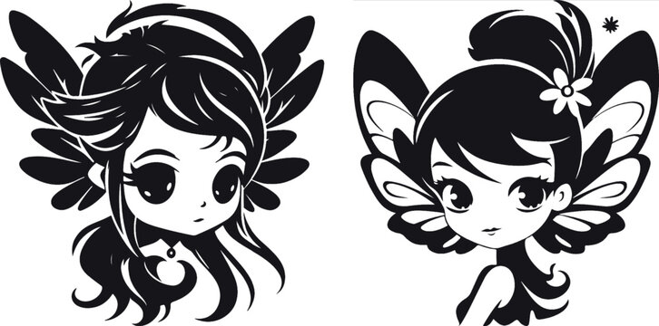 Cute Fairy art. Beautiful Fairies. Little fairies great set collection clip art Silhouette, Black vector illustration on white background. Hand drawn collection eps . 