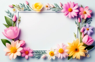 Frame of flowers on white marble background with blank space for text. Top view, flat lay.